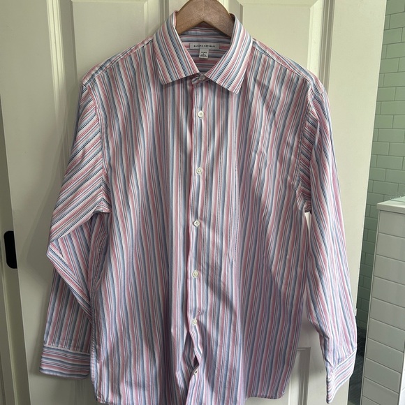 Banana Republic Blue and Pink Dress Shirt Vertical Stripes size L 16-16.5 neck. - Picture 1 of 6